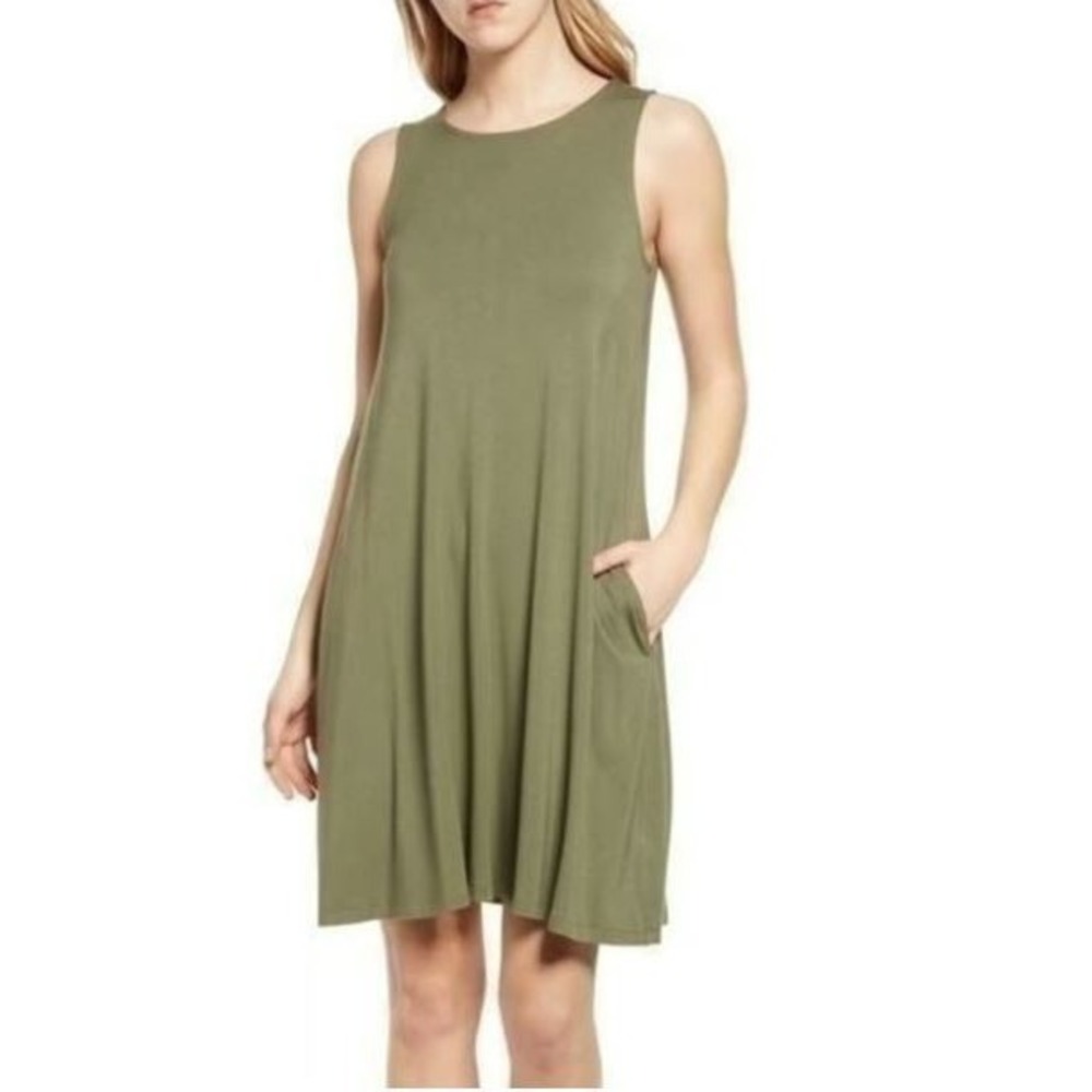 Caslon Women's Ballet Neck Sleeveless Pocket Viscose Blend Swing Dress Green 2XS